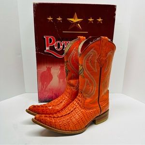 Potrillo Crocodile Leather Orange Cowboy Western Boots Size 7